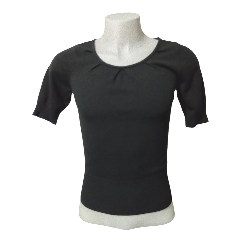 New York & Co. Sweater M Women Black Pleated Scoop Neck Norm Cozy Core Short Slv